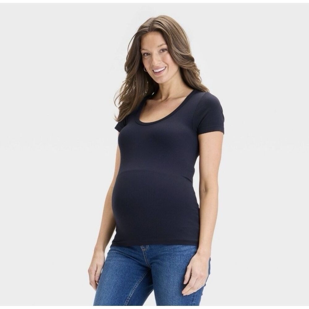 Isabel Maternity Ribbed Scoop Neck Top Womens XS Black Short Sleeve Shirt